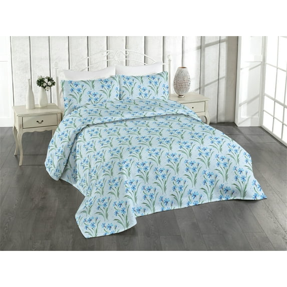 Ambesonne Floral Quilted Bedspread Set 3 Pcs, Blooming Cornflowers Nature, Twin, Sea Blue and Fern Green