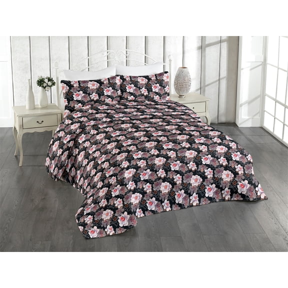 Ambesonne Floral Quilted Bedspread Set 3 Pcs, Blossoming Flowers Summer, Queen, Black Pale Rose and Coral
