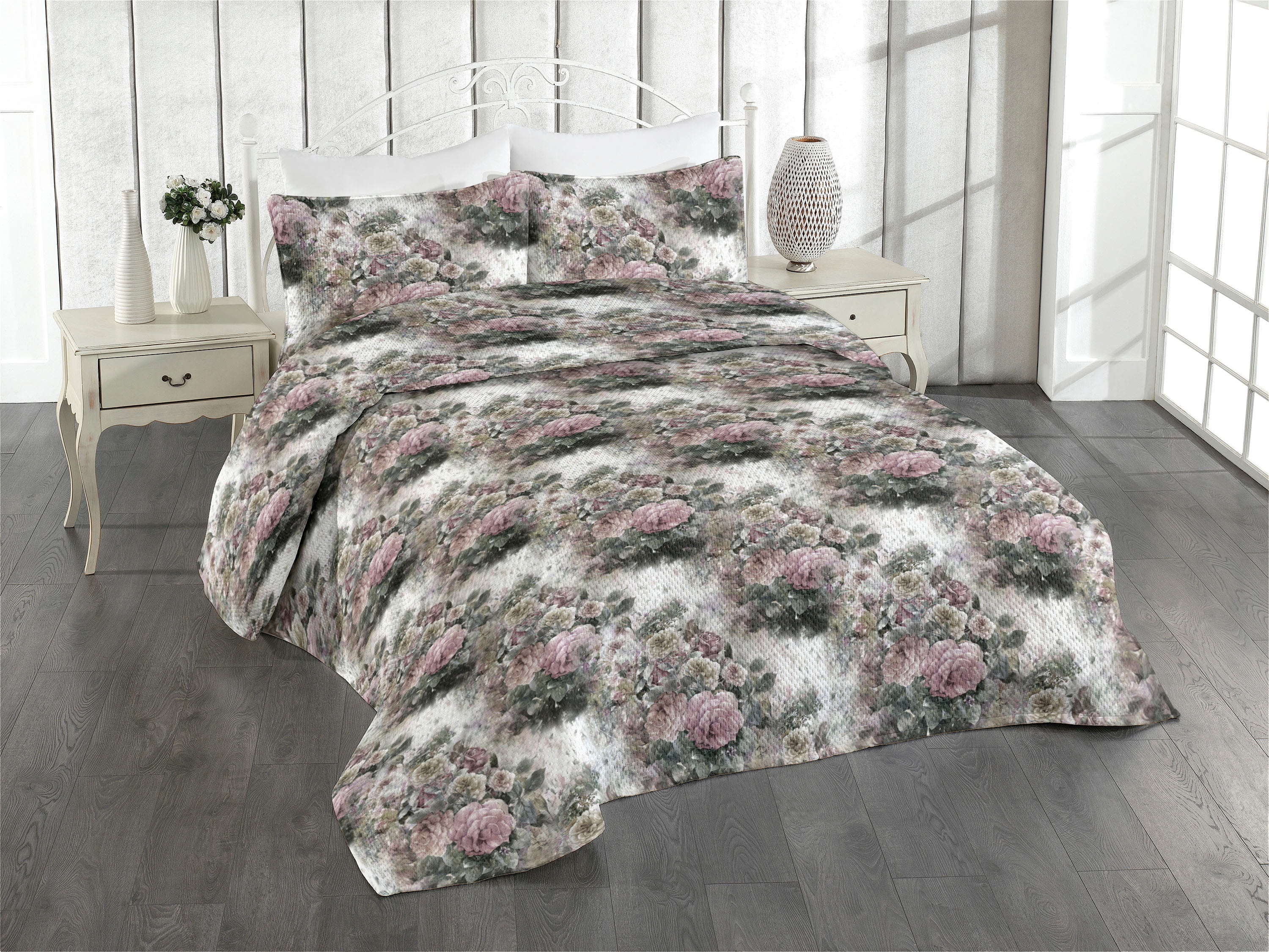 Armv On Roses Ambesonne Floral Quilted Bedspread Set 3 Pcs, Blossoming Roses Botany ...