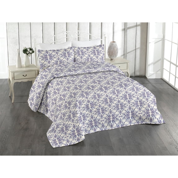 Ambesonne Floral Quilted Bedspread Set 3 Pcs, Bohemian Folk Flower Pattern, Queen, Purple Ceil Blue and Ivory
