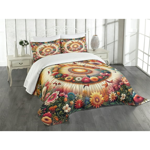 Ambesonne Floral Quilted Bedspread Set 3 Pcs, Botanical Colorful Circle, King Size, Orange Evergreen Pink