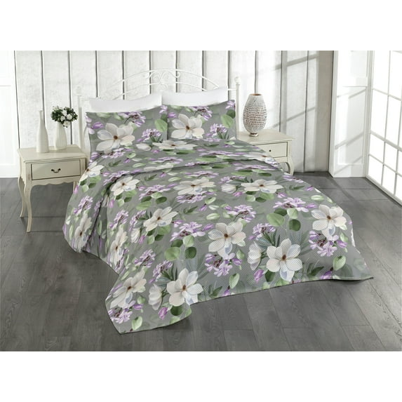 Ambesonne Floral Quilted Bedspread Set 3 Pcs, Botanical Garden Eucalyptus, Queen, Lilac and Dark Sea Green