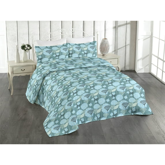 Ambesonne Floral Quilted Bedspread Set 3 Pcs, Botanical Spring Cold Tones, King, Soft Blue Cadet Blue