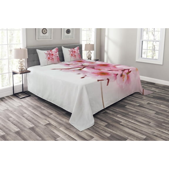 Ambesonne Floral Quilted Bedspread Set 3 Pcs, Cherry Blossom Petals, Queen Size, Pale Pink White