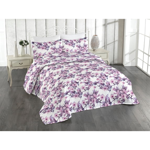 Ambesonne Floral Quilted Bedspread Set 3 Pcs, Cherry Blossoms Spring Print, Queen, Pale Purple Violet and Pink
