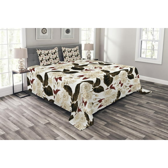 Ambesonne Floral Quilted Bedspread Set 3 Pcs, Chinese Plum Pattern, Queen Size, Dark Brown Burgundy
