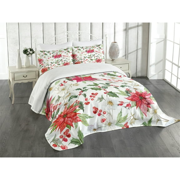 Ambesonne Floral Quilted Bedspread Set 3 Pcs, Christmas Flowers Buds, King Size, Pink Green White