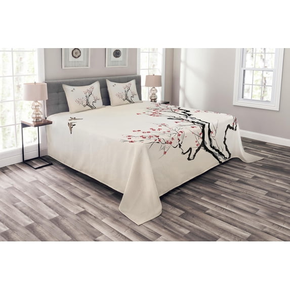 Ambesonne Floral Quilted Bedspread Set 3 Pcs, Classical, King Size, Grey White