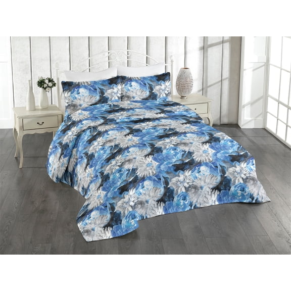 Ambesonne Floral Quilted Bedspread Set 3 Pcs, Cold Tones Roses Gerberas, Twin, Sky Blue Pale Grey