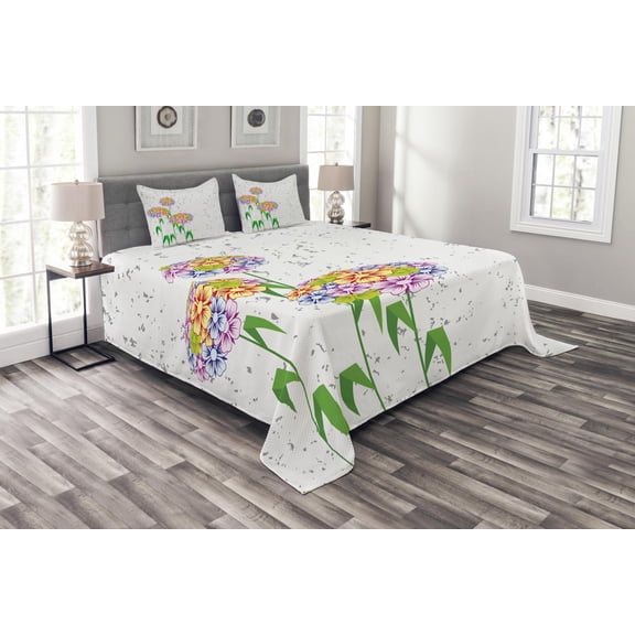 Ambesonne Floral Quilted Bedspread Set 3 Pcs, Colorful Daisies Art, King Size, Multicolor