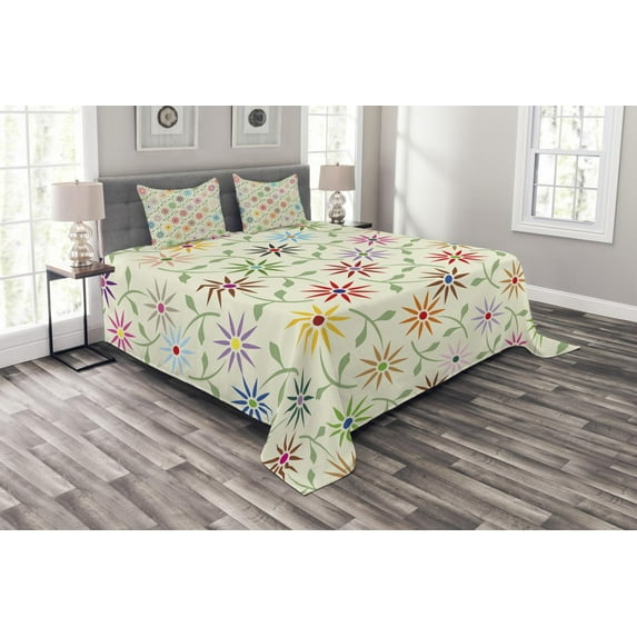 Ambesonne Floral Quilted Bedspread Set 3 Pcs, Colorful Graphic Garden, Queen Size, Multicolor