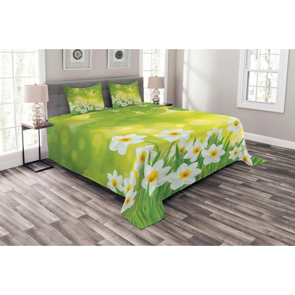 Ambesonne Floral Quilted Bedspread Set 3 Pcs, Daffodils Spring Petals, Queen Size, Green Yellow