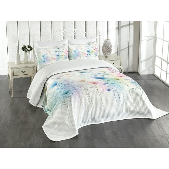 Ambesonne Floral Quilted Bedspread Set 3 Pcs, Dreamy Art Celestial Flowers, Queen Size, Multicolor Off White