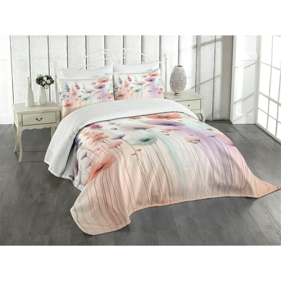 Ambesonne Floral Quilted Bedspread Set 3 Pcs, Dreamy Fantasy Woods Gentle, King Size, Coral Lilac Mint Green
