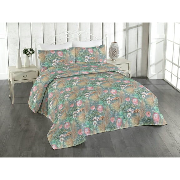 Ambesonne Floral Quilted Bedspread Set 3 Pcs, Exotic Dried Leaves Print, Twin, Cadet Blue Pink Green