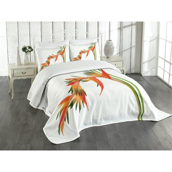 Ambesonne Floral Quilted Bedspread Set 3 Pcs, Exotic Flower Branch, King Size, Green Orange