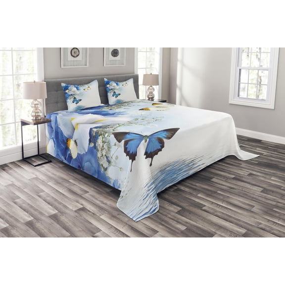 Ambesonne Floral Quilted Bedspread Set 3 Pcs, Exotic Nature Flowers Pond, King Size, Blue and White