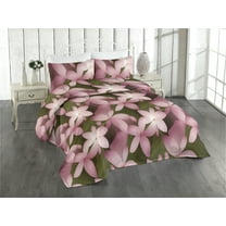 Ambesonne Floral Quilted Bedspread Set 3 Pcs, Exotic Plumeria Flower Print, King, Olive Green Pale Pink