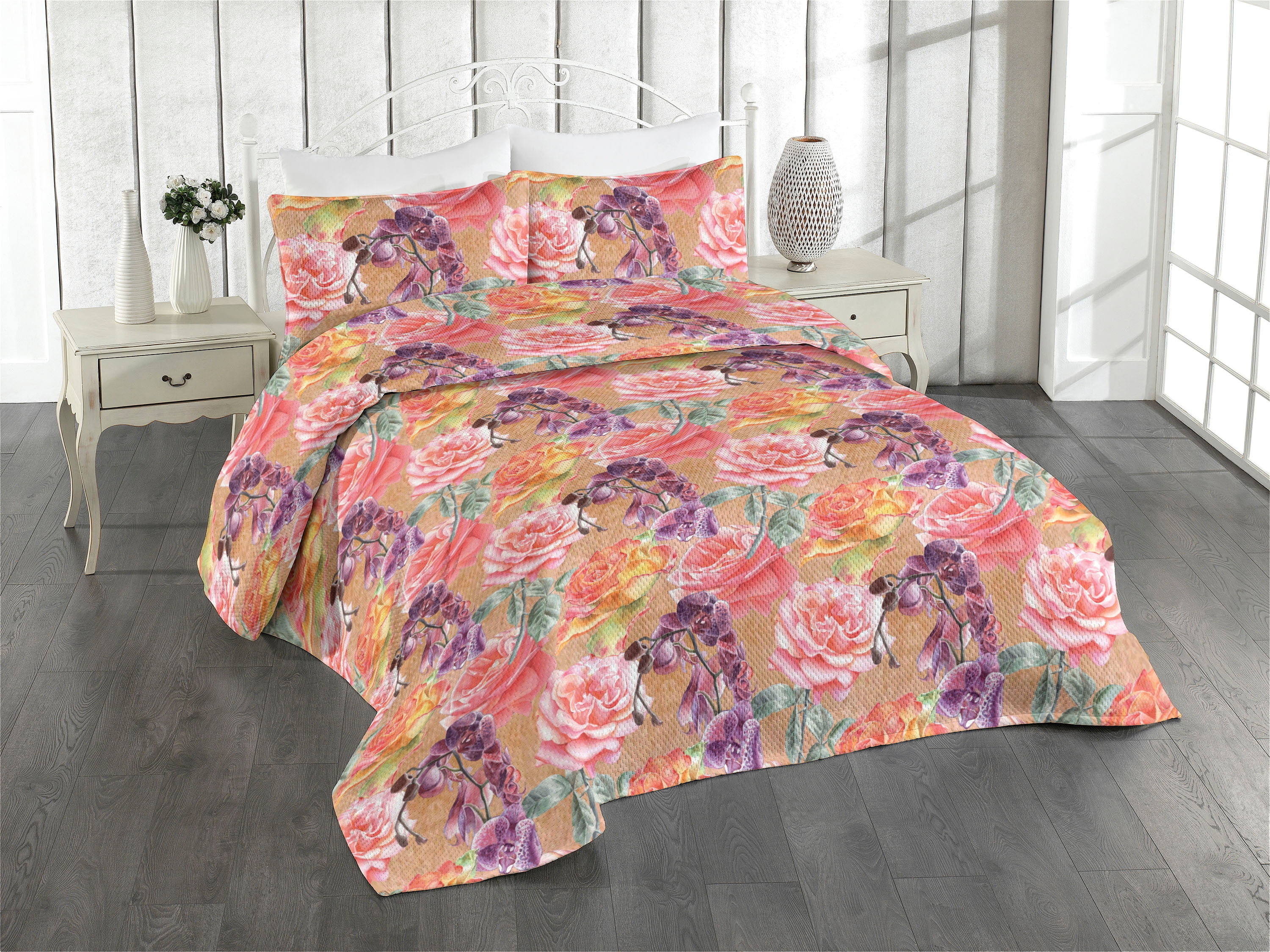 Ambesonne Floral Quilted Bedspread Set 3 Pcs, Exotic Roses and Orchid