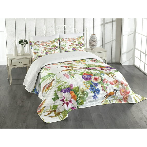 Ambesonne Floral Quilted Bedspread Set 3 Pcs, Exotic Spring Flowers, King Size, Multicolor
