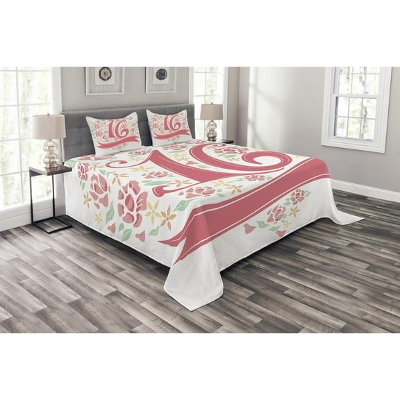 Ambesonne Floral Quilted Bedspread Set 3 Pcs, Floral 16, Queen Size, Dark Coral Mint