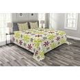 thumbnail image 1 of Ambesonne Floral Quilted Bedspread Set 3 Pcs, Florets Circle Hoop, Queen Size, Apple Green Dark Taupe, 1 of 3