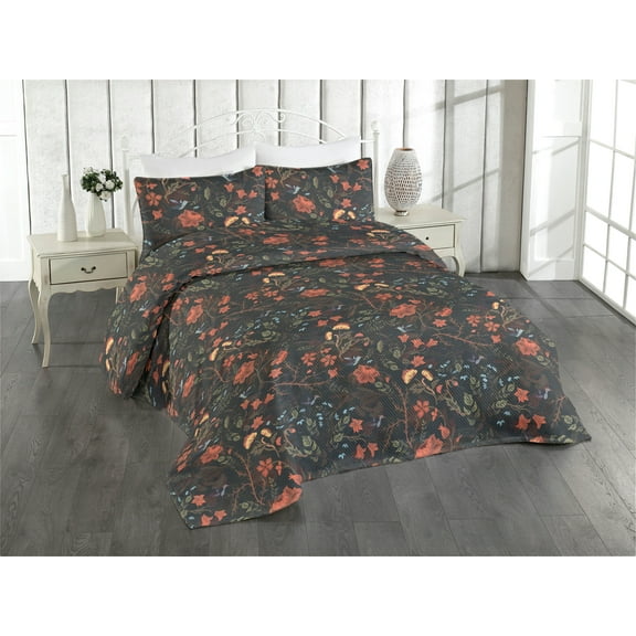 Ambesonne Floral Quilted Bedspread Set 3 Pcs, Flower Bird Leaf Pattern, King, Dark Coral and Reseda Green