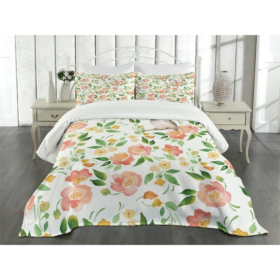 Ambesonne Floral Quilted Bedspread Set 3 Pcs, Flower Petals Blossoms, King Size, Coral Fern Green White