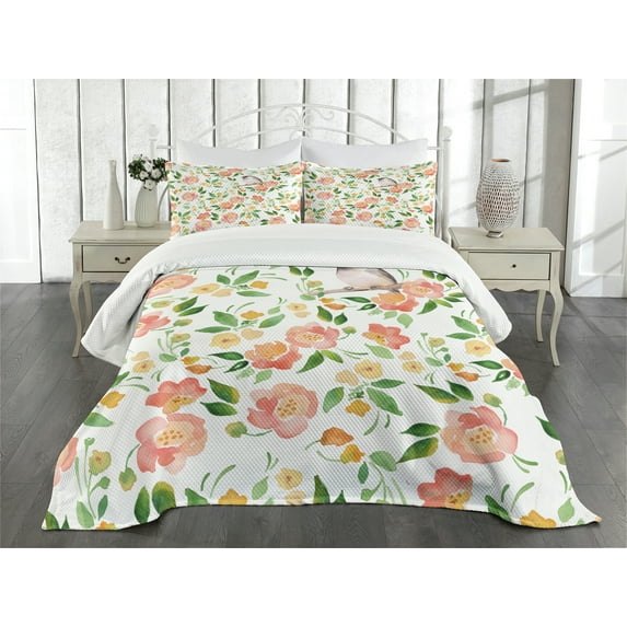 Ambesonne Floral Quilted Bedspread Set 3 Pcs, Flower Petals Blossoms, Queen Size, Coral Fern Green White