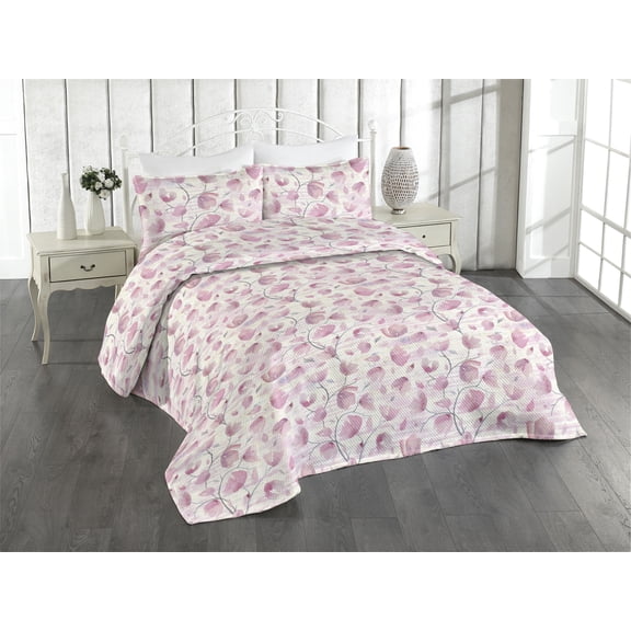 Ambesonne Floral Quilted Bedspread Set 3 Pcs, Flower Petals Spring Pattern, Twin, Pink Blue Grey and Ivory