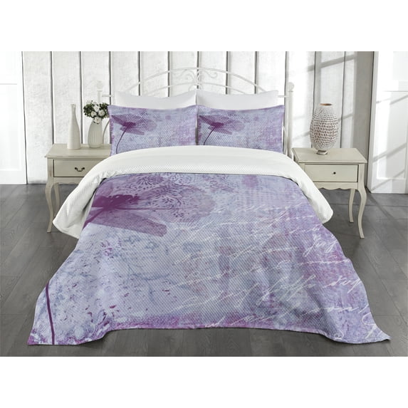 Ambesonne Floral Quilted Bedspread Set 3 Pcs, Flower Romance, King Size, Lilac