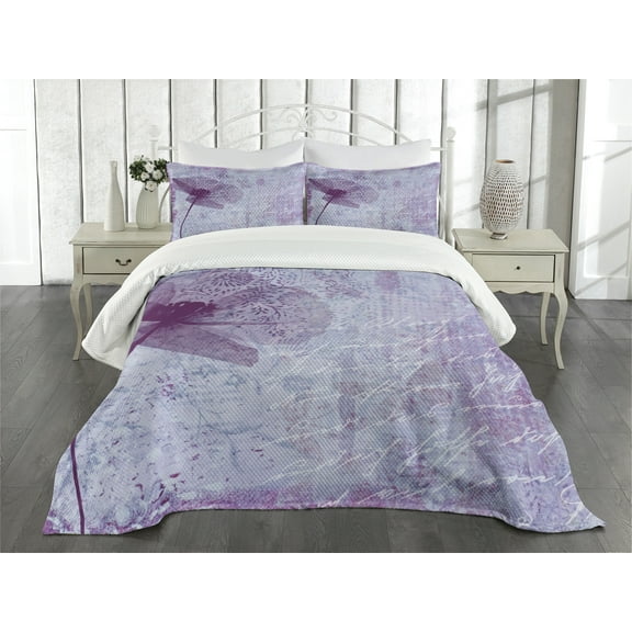 Ambesonne Floral Quilted Coverlet 3 Pcs, Flower Romance, Queen Size, Lilac