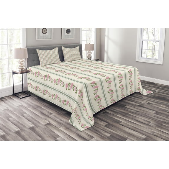 Ambesonne Floral Quilted Bedspread Set 3 Pcs, Flower Roses Buds Swirls, Queen Size, Pale Pink Blue and Green