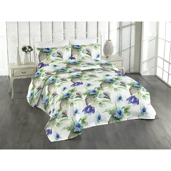 Ambesonne Floral Quilted Bedspread Set 3 Pcs, Flower and Leaves Botany Art, King, Green Sky Blue and Purple
