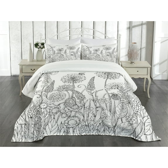 Ambesonne Floral Quilted Bedspread Set 3 Pcs, Flowers Garden Scenery, Queen Size, Grey and White
