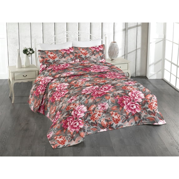 Ambesonne Floral Quilted Bedspread Set 3 Pcs, Flowers Monochrome Leaves, Queen, Raspberry and Dark Green