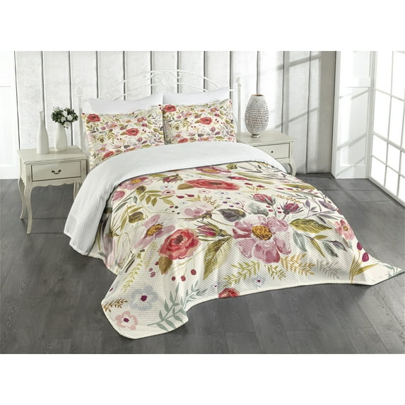 Ambesonne Floral Quilted Bedspread Set 3 Pcs, Flowers Roses Blooms, Queen Size, Multicolor