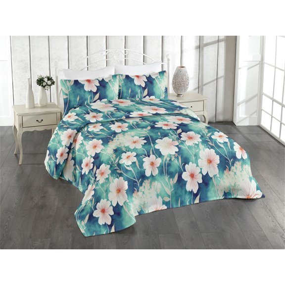 Ambesonne Floral Quilted Bedspread Set 3 Pcs, Flowers Summer Garden Print, Twin, Vermilion Teal Off White