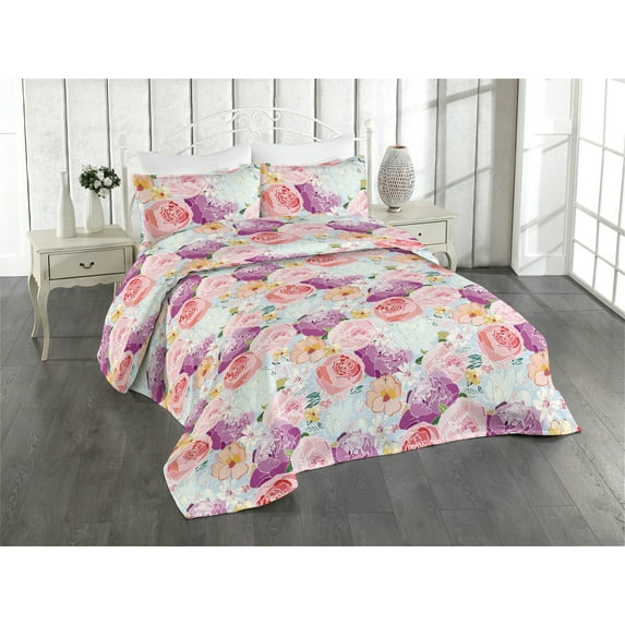 Ambesonne Floral Quilted Bedspread Set 3 Pcs, Flowers Vintage Exotics Art, Twin, Pale Fuchsia Pale Pink