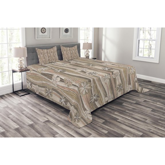 Ambesonne Floral Quilted Bedspread Set 3 Pcs, Flowers on Wavy Stripes, Queen Size, Dark Brown Sand Brown