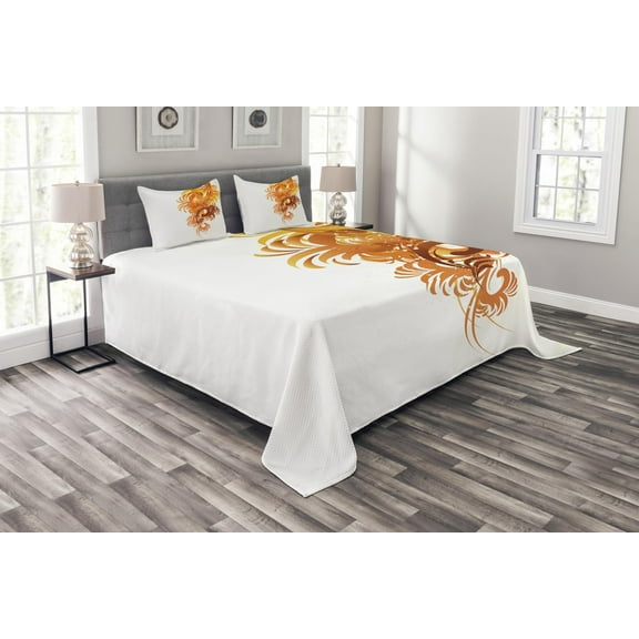 Ambesonne Floral Quilted Bedspread Set 3 Pcs, Fractal Flower Swirls Art, King Size, Orange Yellow Cream