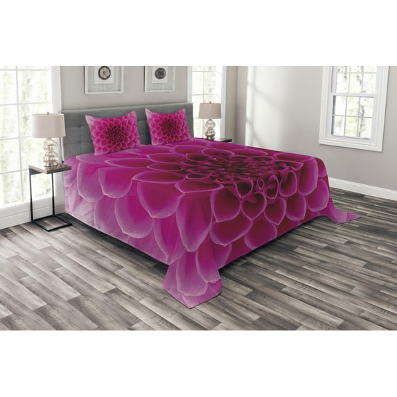 Ambesonne Floral Quilted Bedspread Set 3 Pcs, Fresh Bloom Petal Nature, Queen Size, Magenta