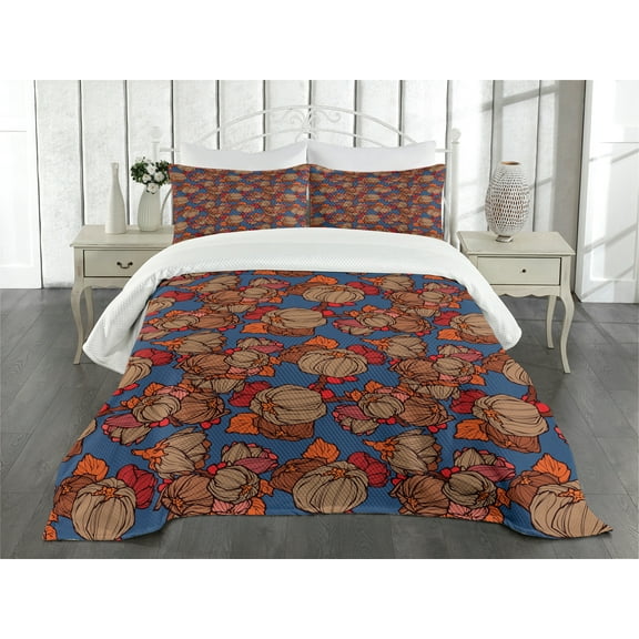 Ambesonne Floral Quilted Bedspread Set 3 Pcs, Funk Art Flower Pattern, Queen Size, Blue and Brown