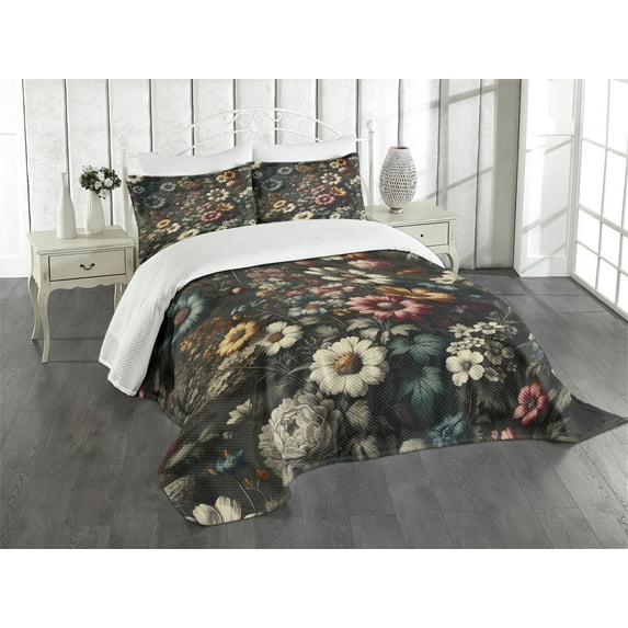 Ambesonne Floral Quilted Bedspread Set 3 Pcs, Futurist Garden Flowery Art, King Size, Sage Green Marigold Coral