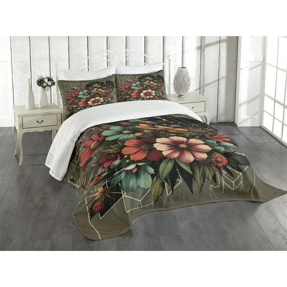 Ambesonne Floral Quilted Bedspread Set 3 Pcs, Futurist Scene of Flowers, King Size, Slate Brown Seafoam Coral