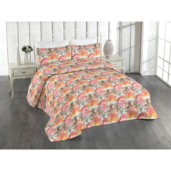 Ambesonne Floral Quilted Bedspread Set 3 Pcs, Garden Spring Rose Skull Art, Twin, Pale Rose and Reseda Green