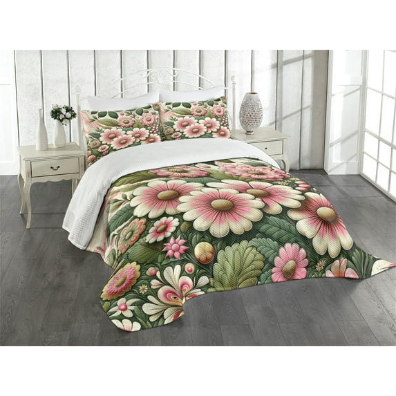 Ambesonne Floral Quilted Bedspread Set 3 Pcs, Garden of Flowers in 70s, King Size, Pink Reseda Green and Ivory