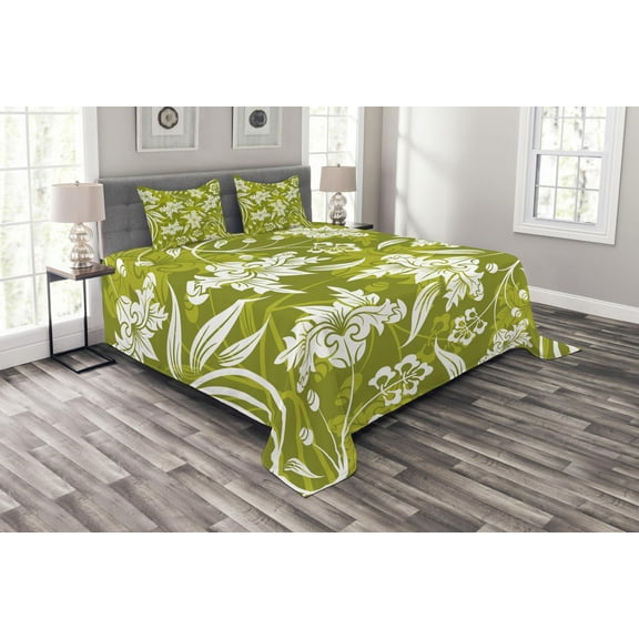 Ambesonne Floral Quilted Bedspread Set 3 Pcs, Green Flower Pattern, King Size, Pale Green White