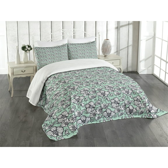 Ambesonne Floral Quilted Bedspread Set 3 Pcs, Hand Drawn Orchid Doodle, Queen Size, Mint Green Navy Blue