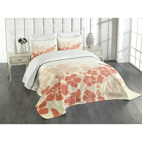 Ambesonne Floral Quilted Bedspread Set 3 Pcs, Hawaii Flowers Tropical, Queen Size, Fuchsia Salmon White